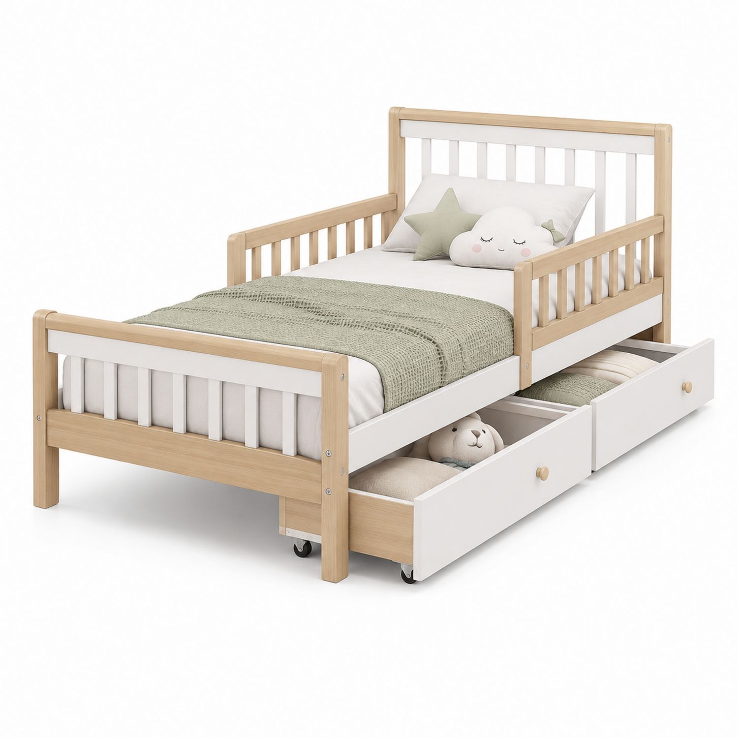 Letto singolo per bambini in legno con cassetti scorrevoli Naturale/Bianco