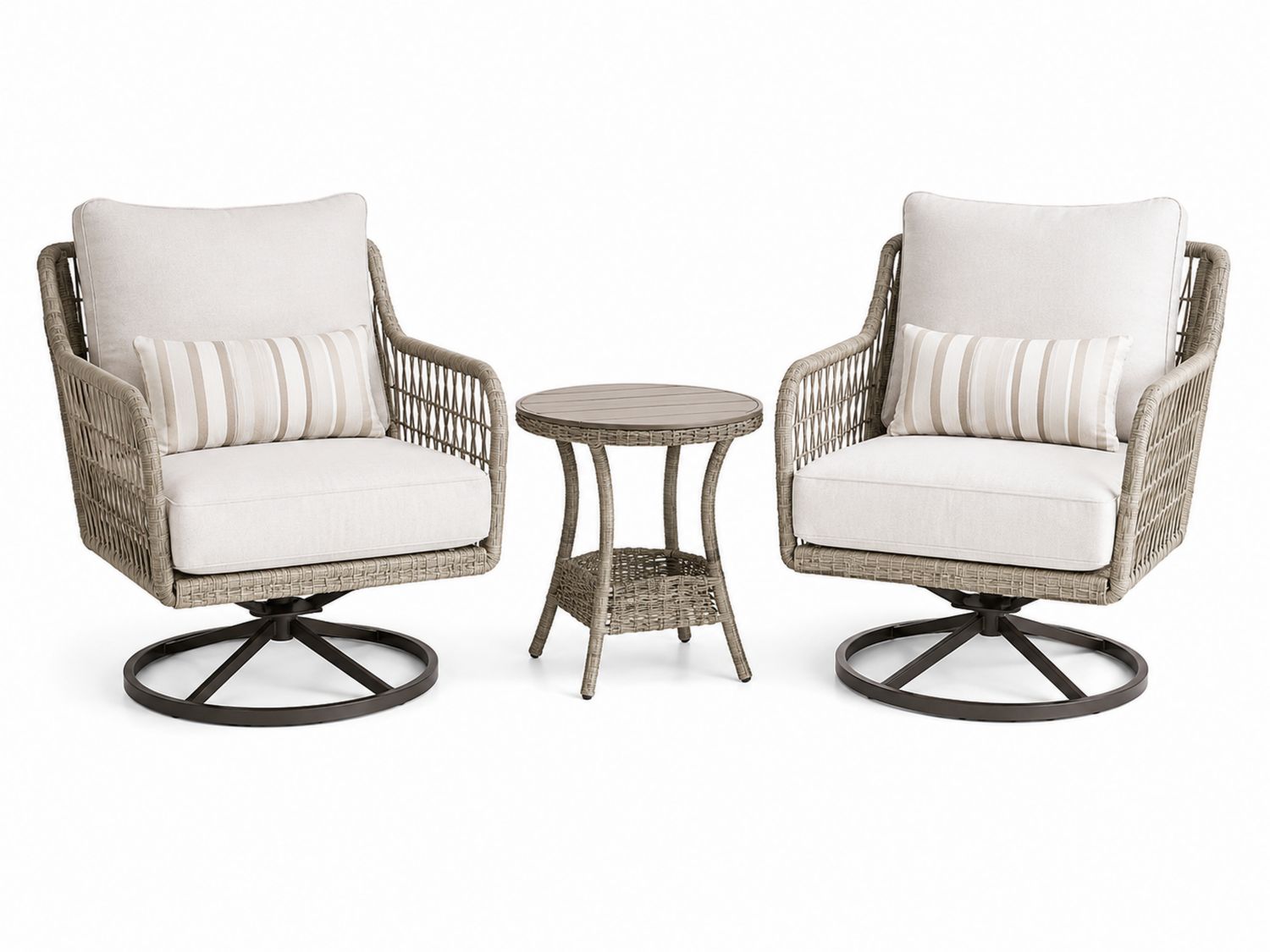 Set da Esterno in Rattan con Sedie Girevoli e Tavolino, Cuscini Poliestere, Struttura Acciaio, Beige