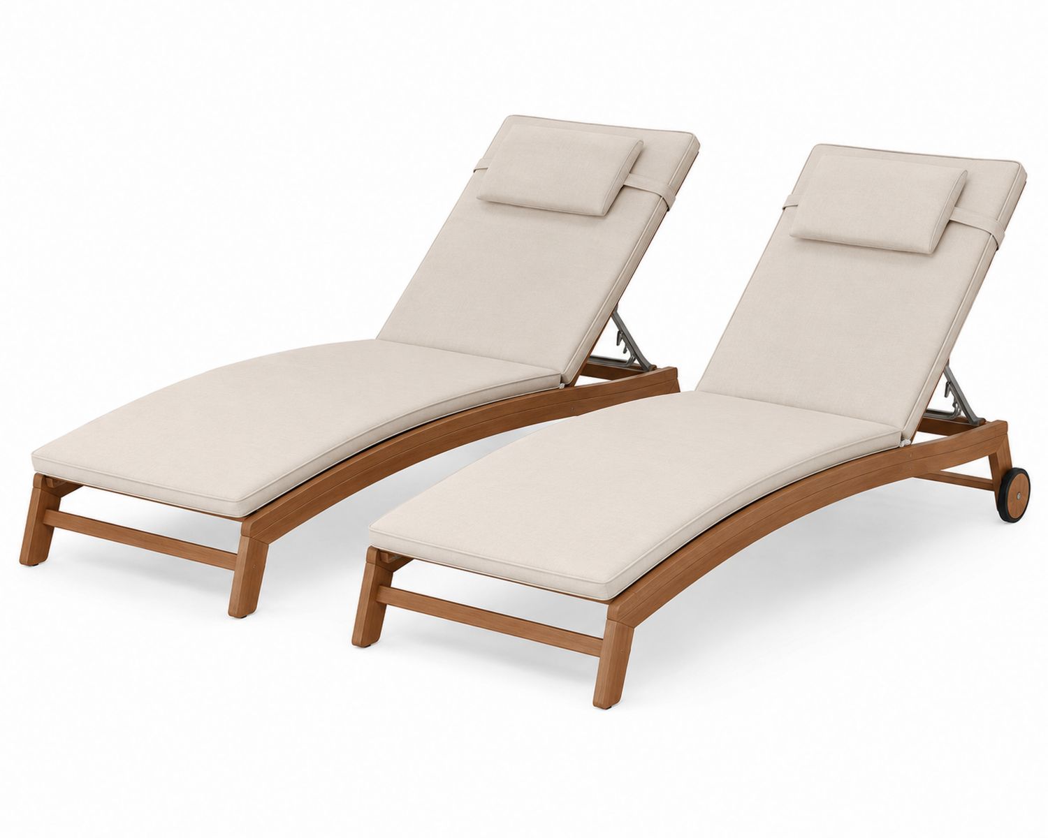 Set di 2 lettini prendisole in legno di teak con cuscini in tessuto beige