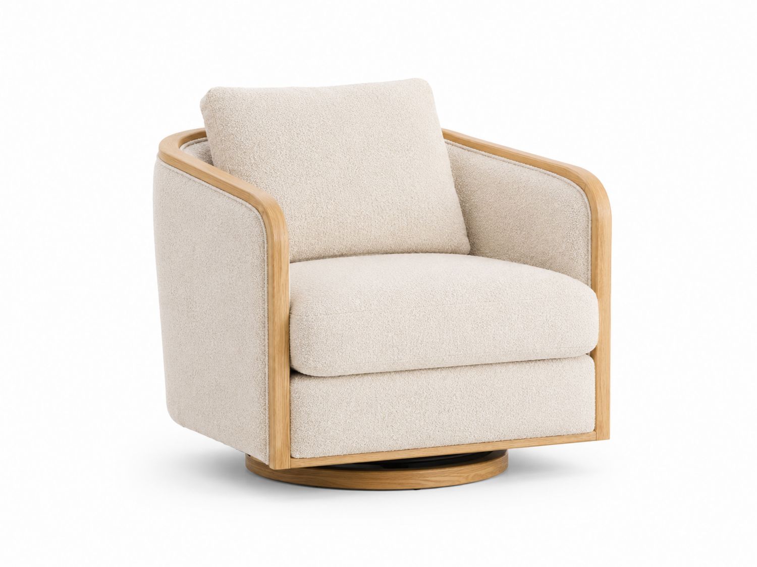 Poltrona girevole in legno e tessuto bouclé crema