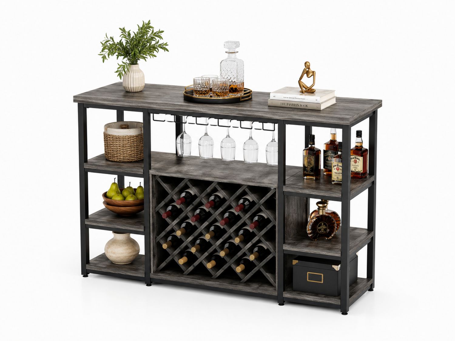 Scaffale Bar in Legno e Metallo Grigio con Portabottiglie