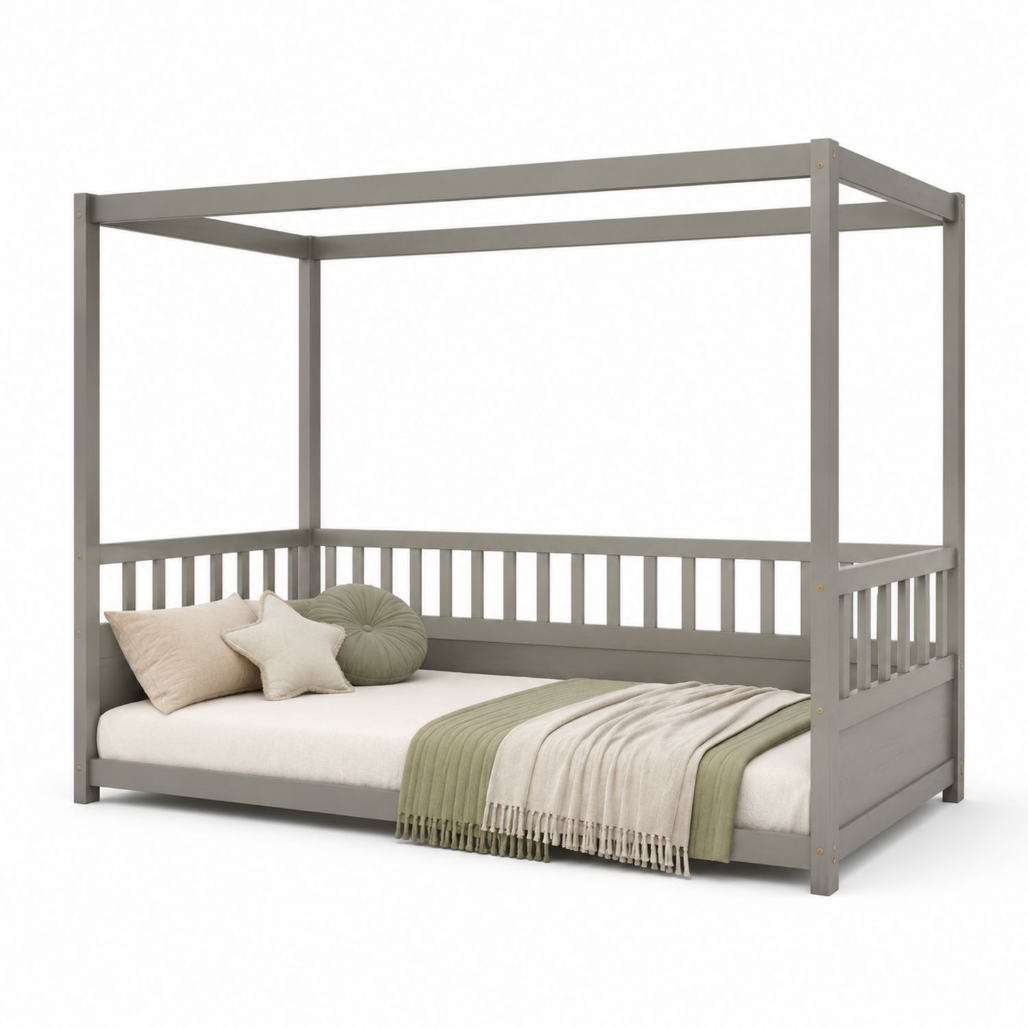Letto a Baldacchino Singolo in Legno Grigio con Cuscini Decorativi