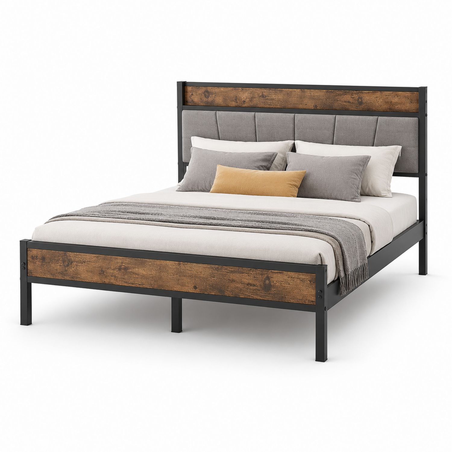 Letto matrimoniale in metallo con testiera rivestita in tessuto e dettagli in legno, 200x150 cm, Grigio/Legno