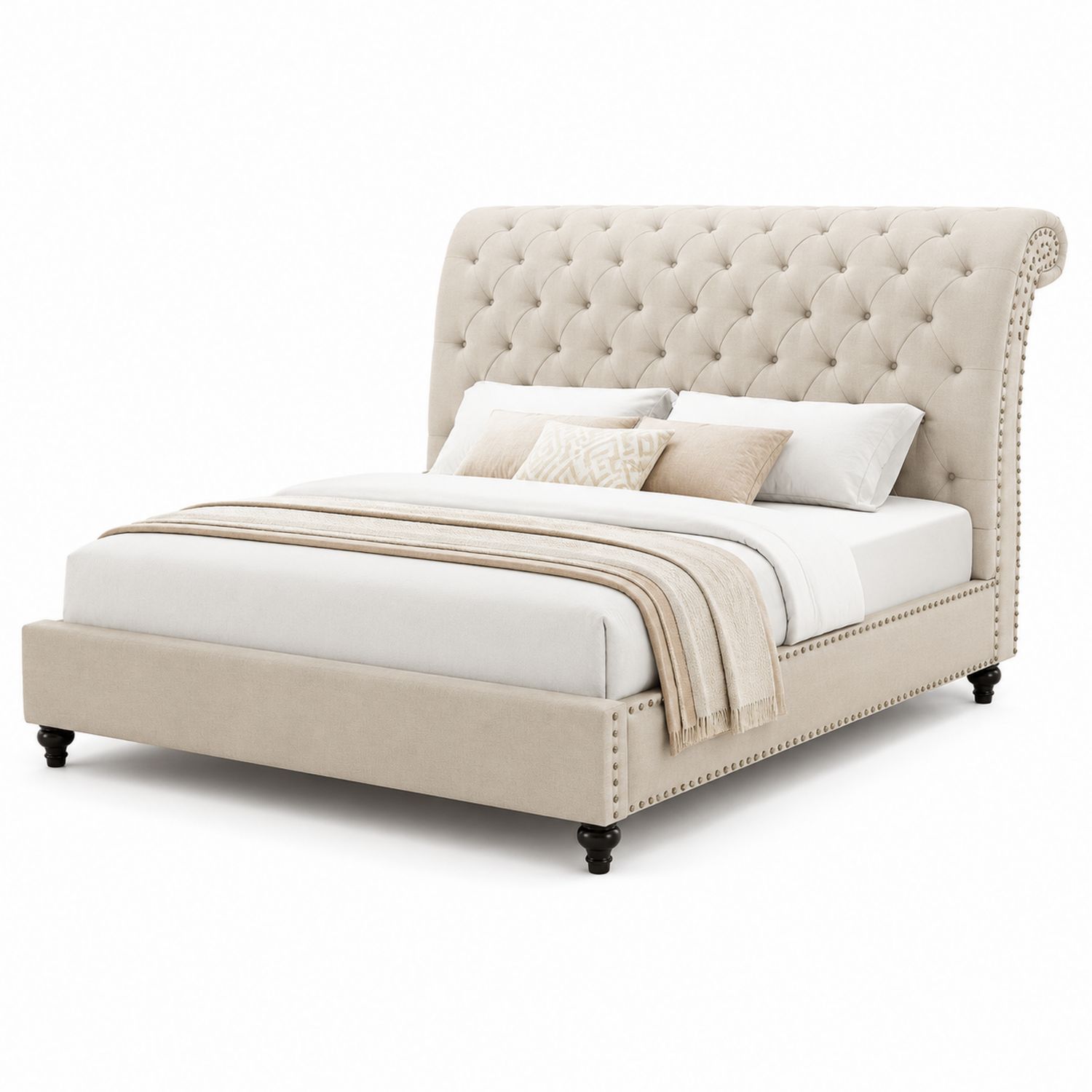 Letto imbottito con testiera capitonné in tessuto Beige 160x200 cm