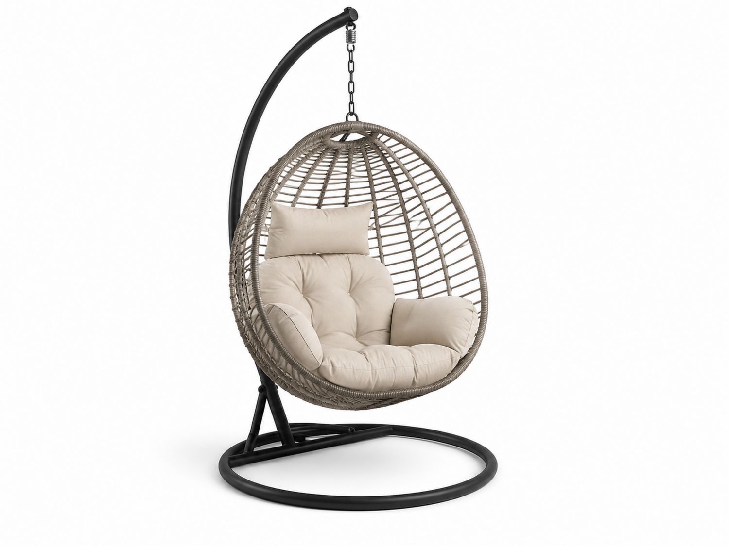 Poltrona Sospesa in Rattan e Acciaio con Cuscini Beige