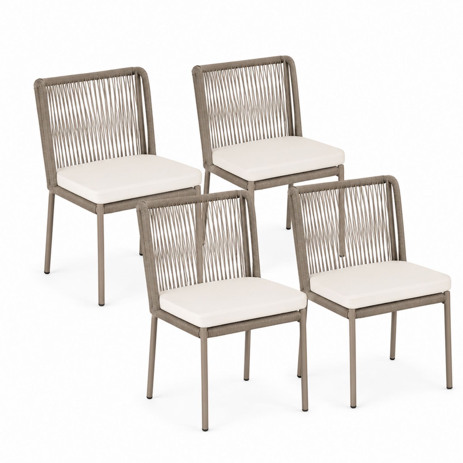 Set di 4 Sedie da Esterno in Metallo e Cordoncino con Cuscino Bianco