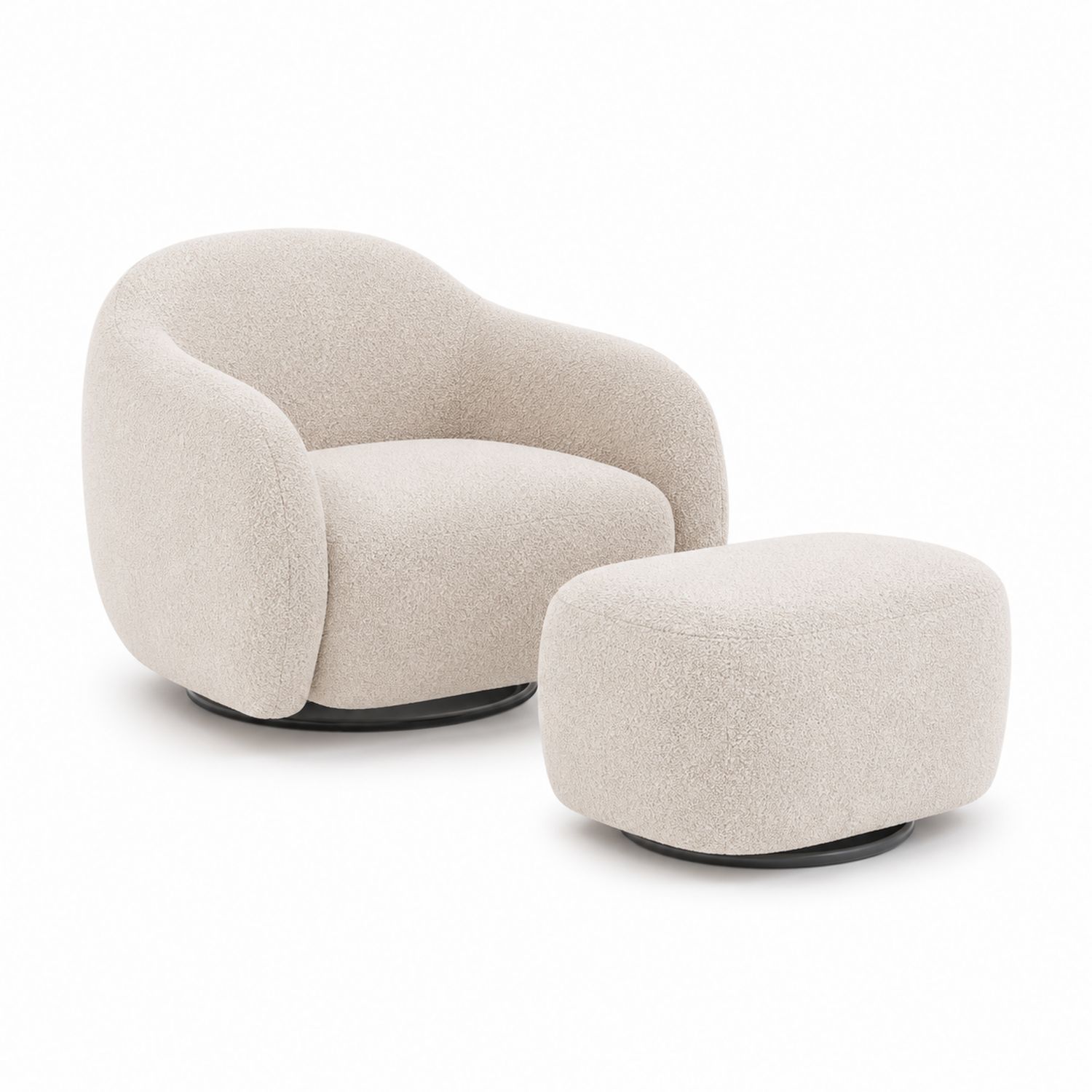 Poltrona girevole con poggiapiedi in tessuto bouclé Beige