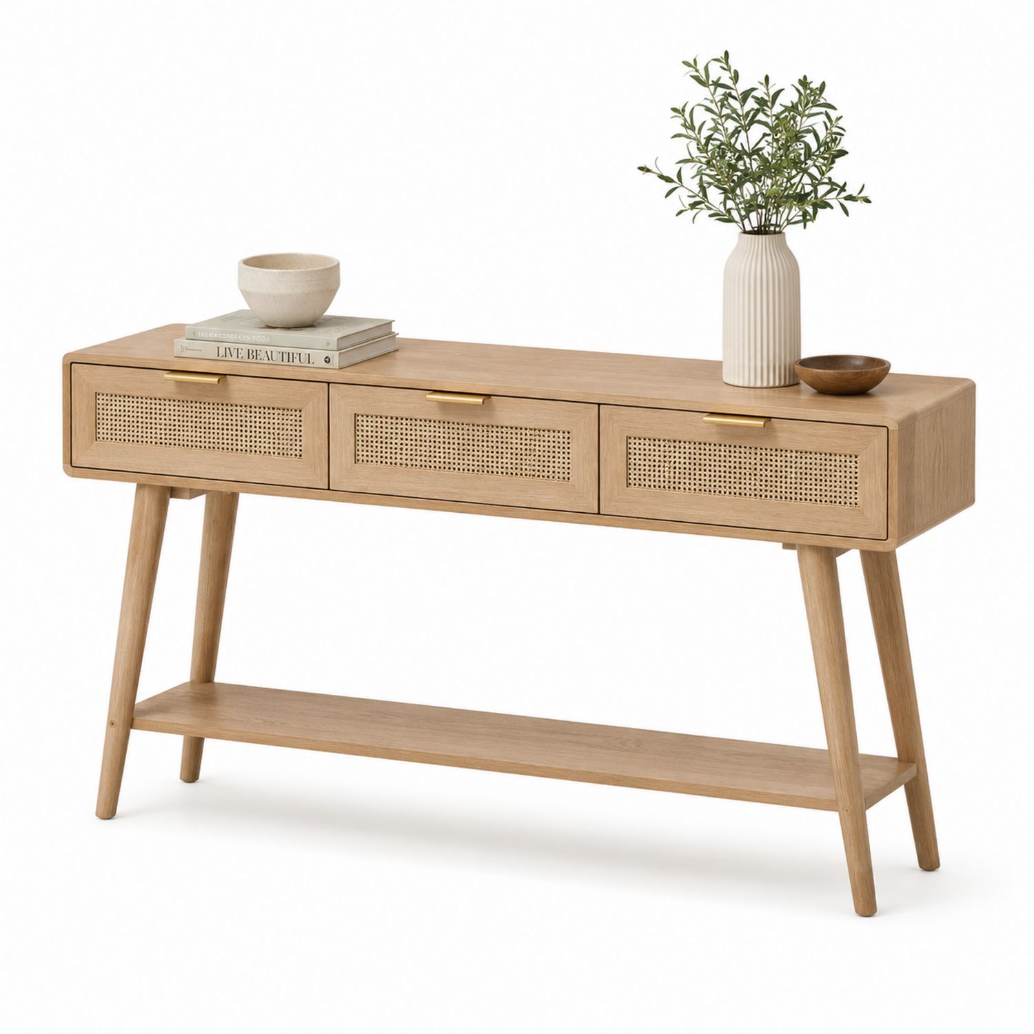 Consolle in legno di quercia con 3 cassetti in rattan