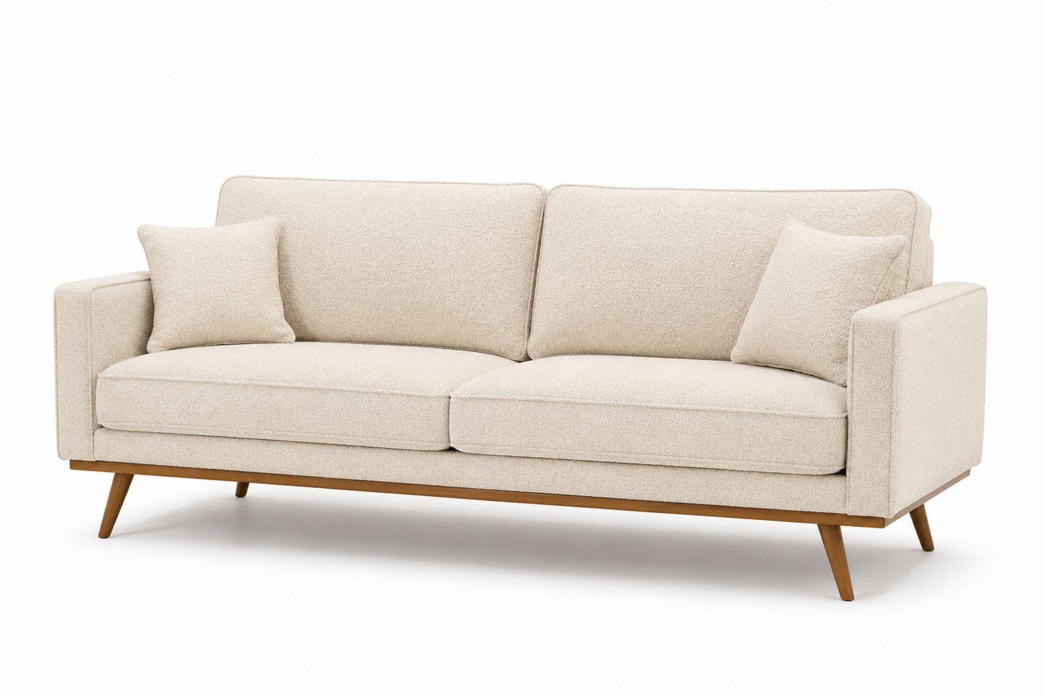 Divano 3 posti in tessuto beige con piedini in legno