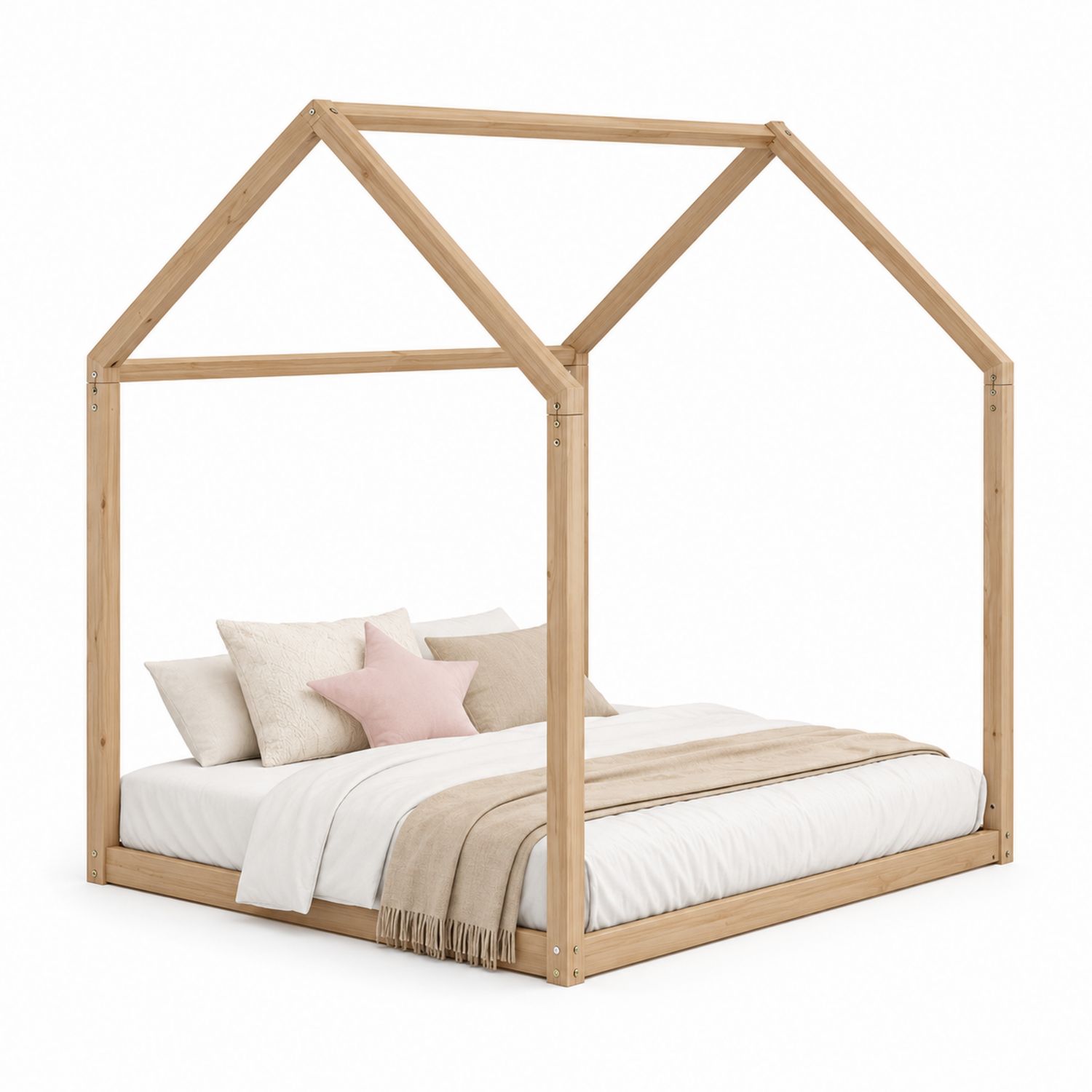 Letto a baldacchino in legno di pino con cuscini e coperta
