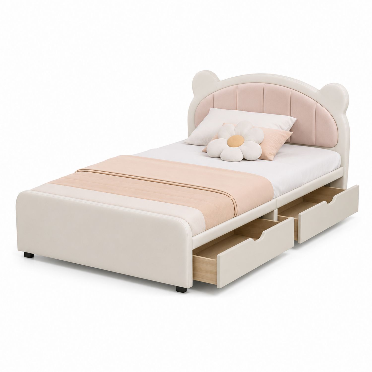 Letto singolo per bambini con cassetti, testiera a orecchie, Bianco latte/Beige