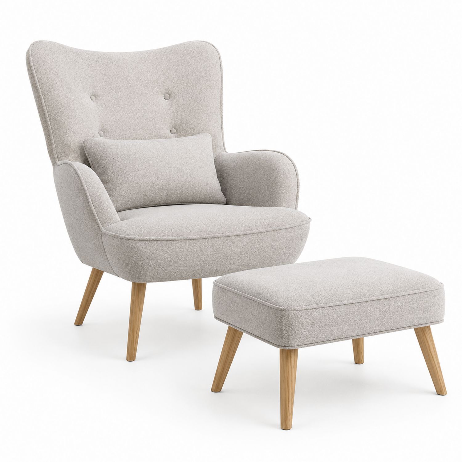 Poltrona Lounge con Pouf in Tessuto Grigio Chiaro Gambe in Legno di Quercia
