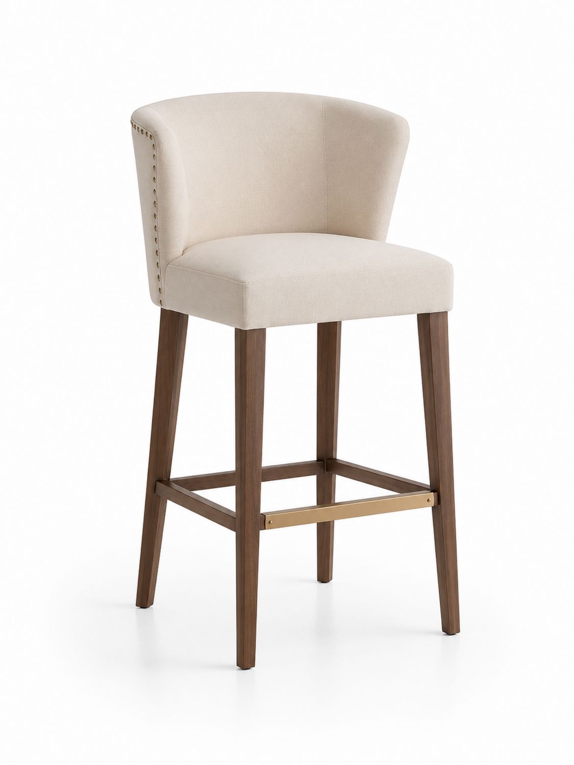 Sgabello da bar in legno con tessuto beige e poggiapiedi in metallo