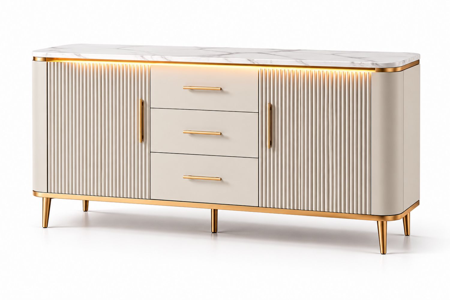 Credenza in legno con piano in marmo e dettagli in metallo dorato