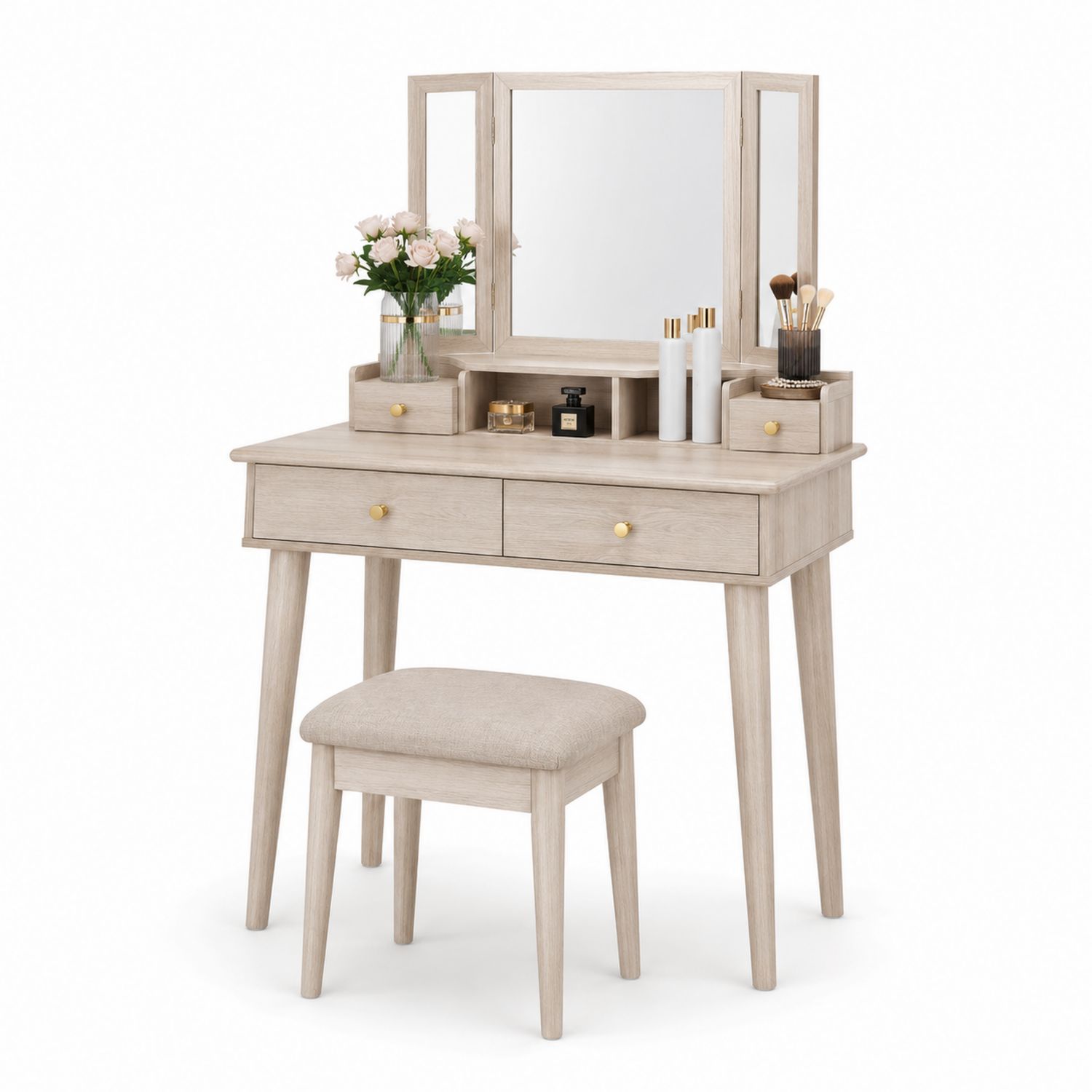 Toeletta con Specchio Trifacciale e Sgabello in Legno Beige