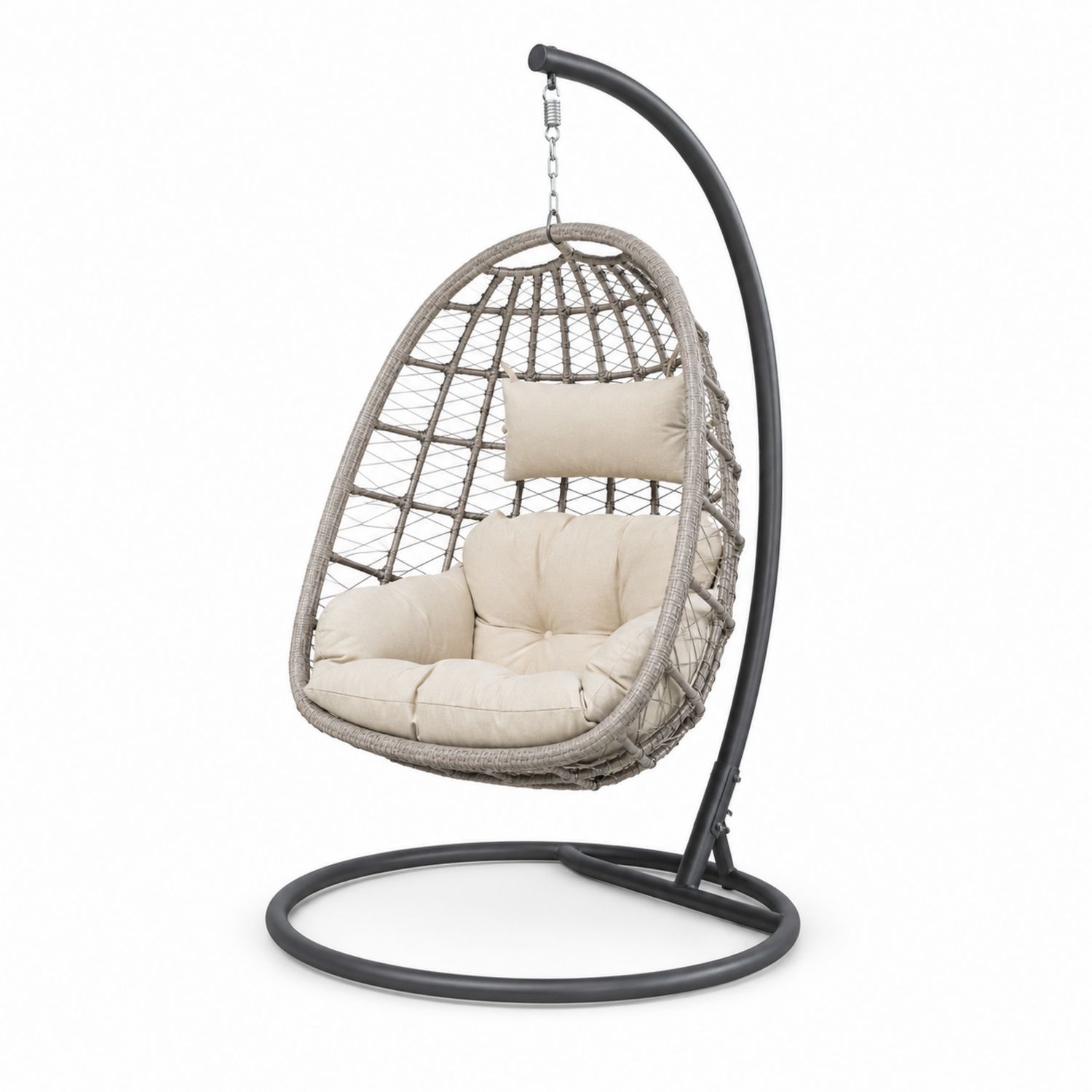 Sedia Sospesa in Acciaio e Rattan con Cuscini in Poliestere Beige