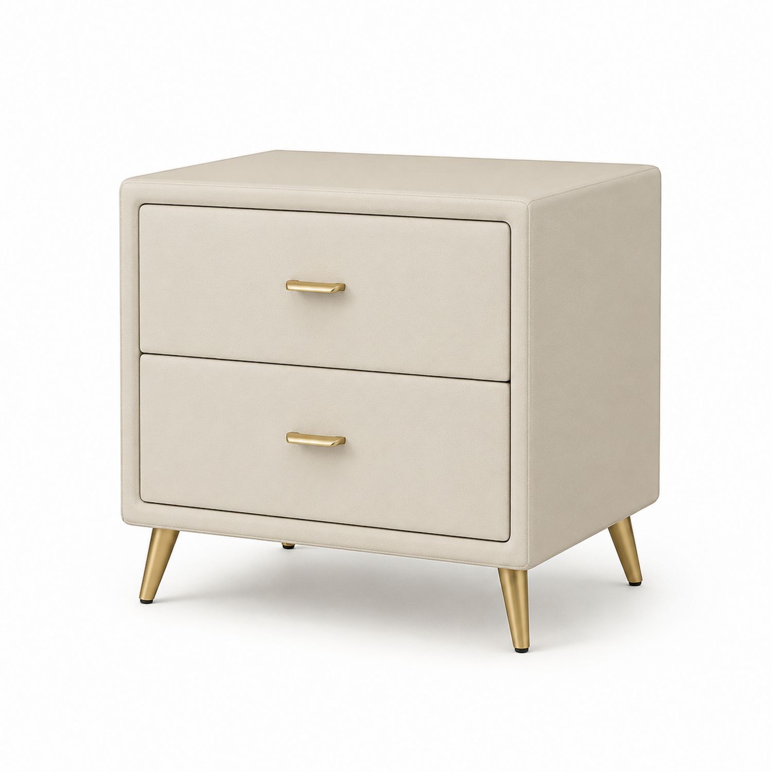 Comodino rettangolare a 2 cassetti in pelle sintetica beige e metallo dorato