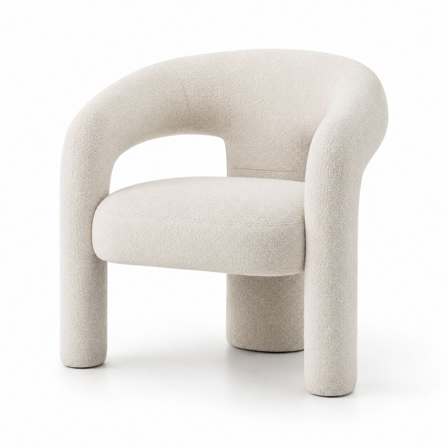Poltrona in tessuto boucle beige con braccioli curvi