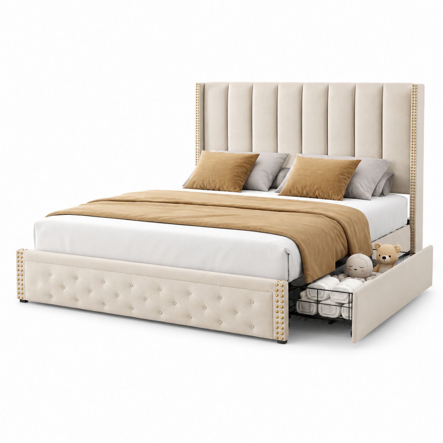 Letto matrimoniale imbottito in tessuto con cassetti