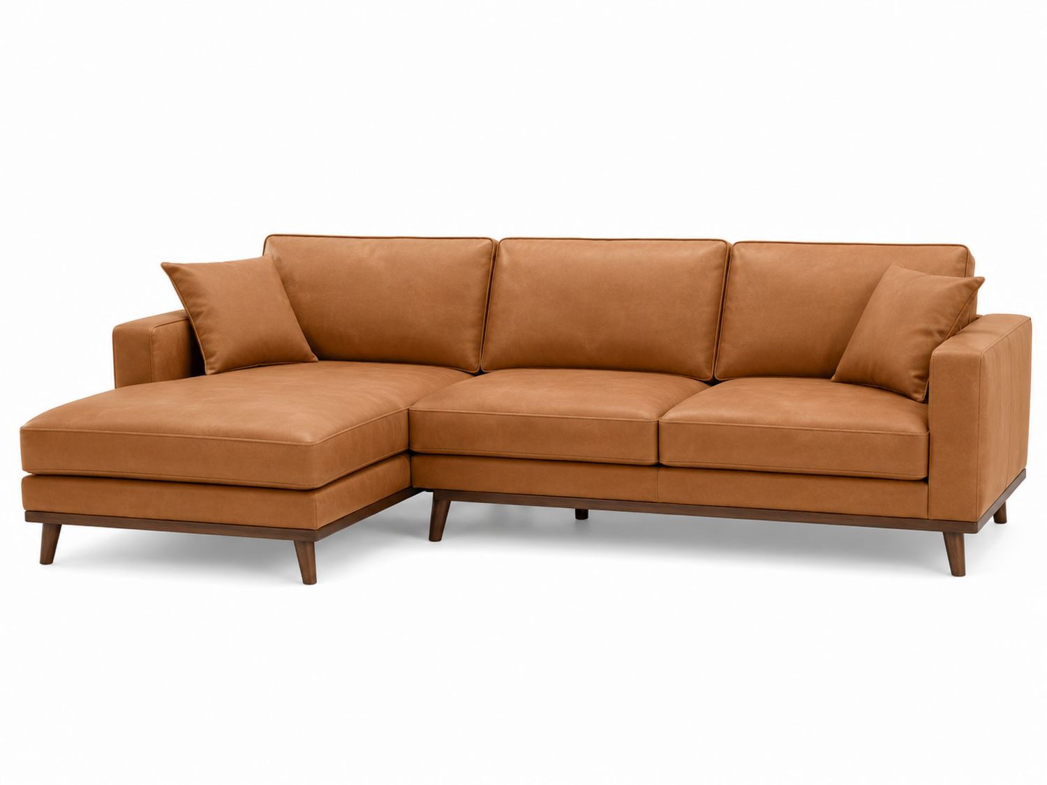 Divano angolare in pelle sintetica marrone con struttura in legno