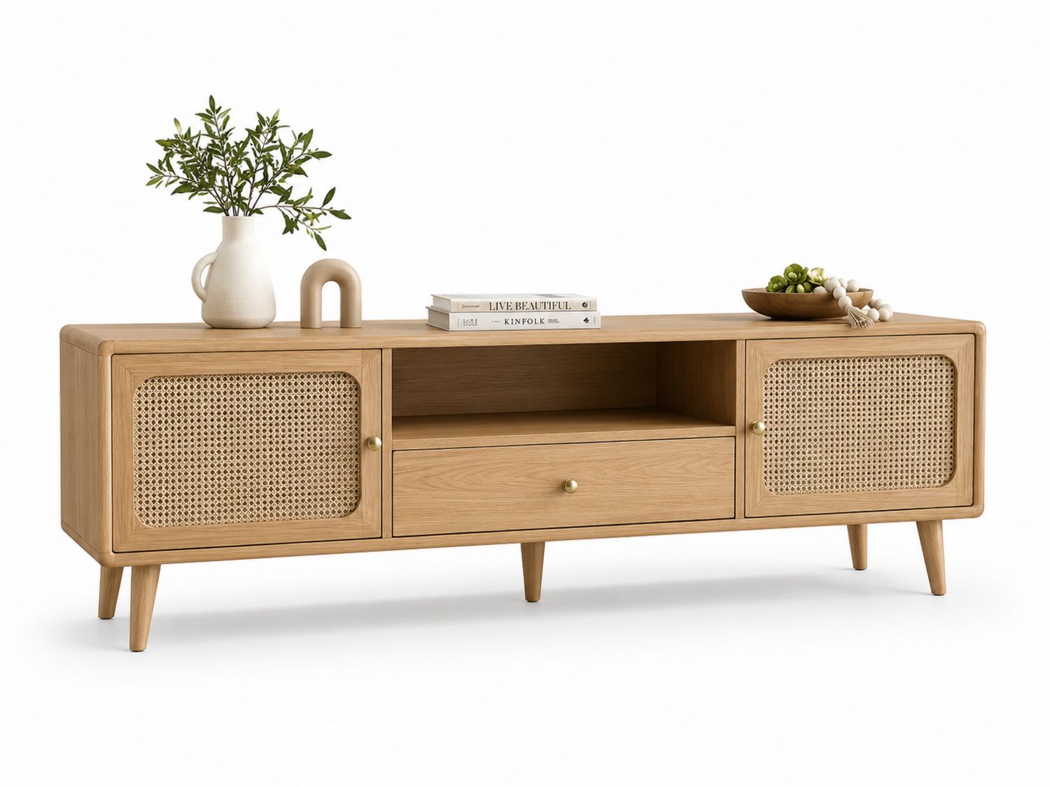 Mobile TV in legno di quercia con ante in rattan 150x40x60 cm