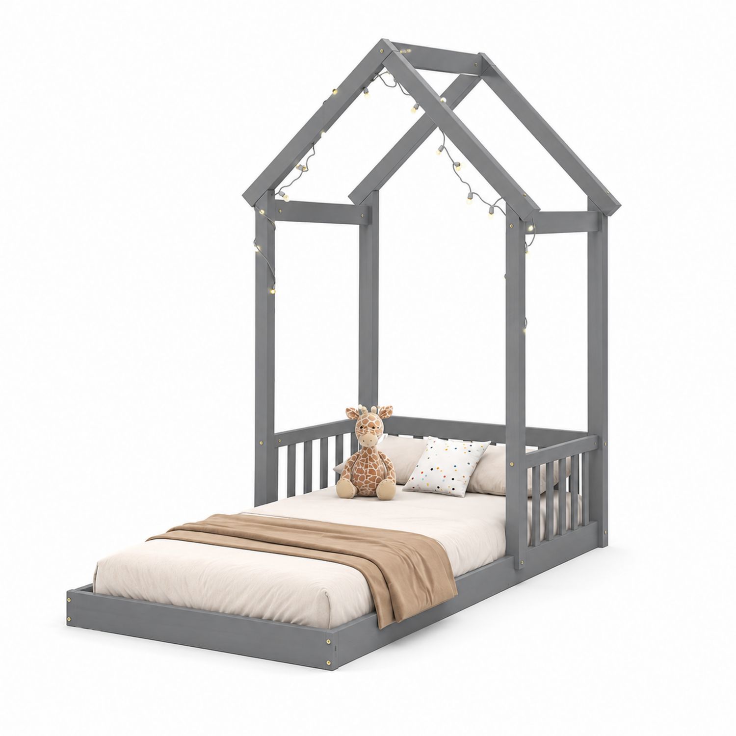 Letto a Forma di Casa in Legno Grigio con LED