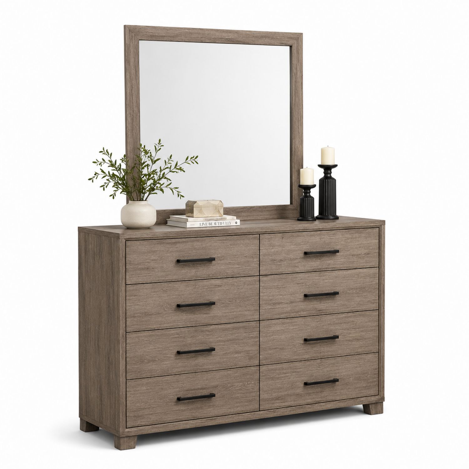 Cassettiera in Legno con Specchio e 8 Cassetti Marrone
