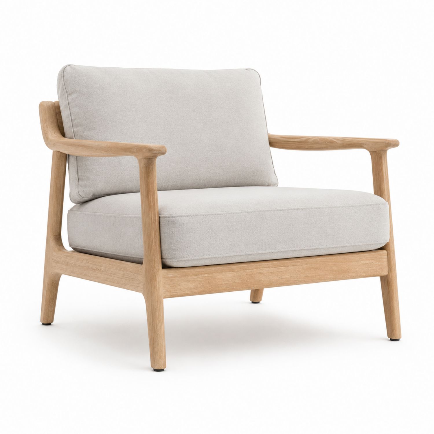 Poltrona in legno con cuscini in tessuto grigio
