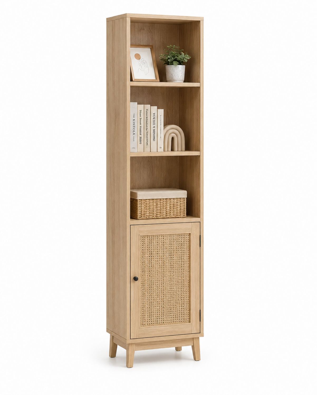 Libreria alta in MDF e rattan 40x30x180 cm