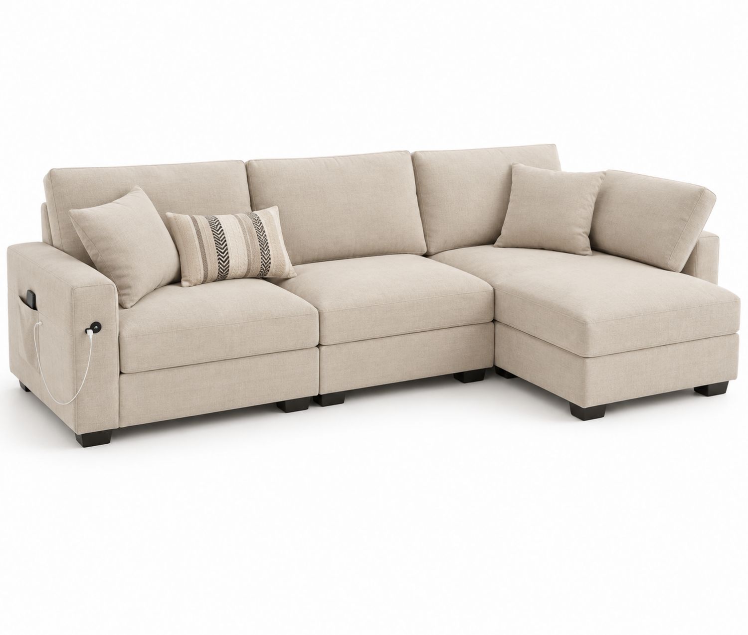 Divano Angolare in Tessuto Beige con Chaise Longue e Porta USB
