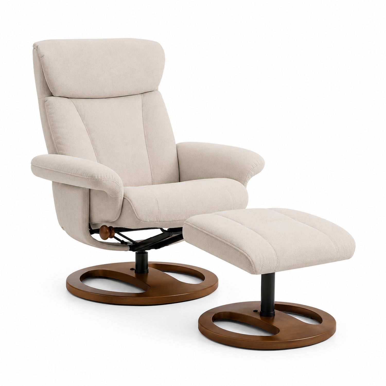 Poltrona reclinabile in tessuto con base in acciaio e legno, Beige