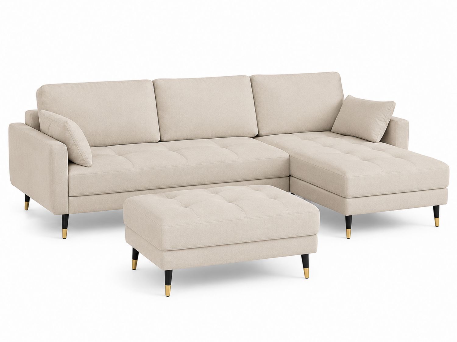 Divano Angolare con Chaise Longue e Pouf in Tessuto Beige