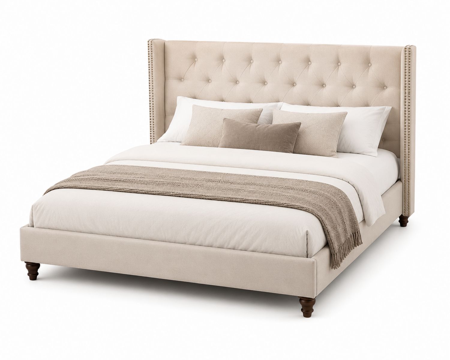 Letto imbottito con testiera trapuntata in tessuto beige