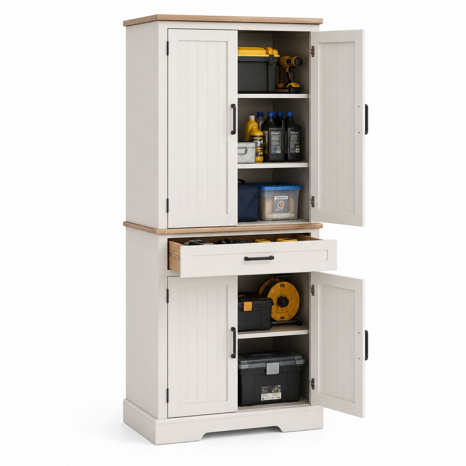 Armadio da Garage Verticale in Legno MDF Bianco con 2 Ante e 1 Cassetto