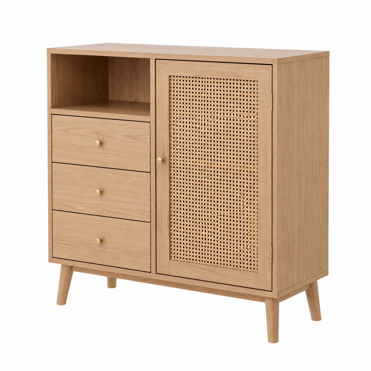 Credenza in legno di quercia con cassetti e anta in rattan
