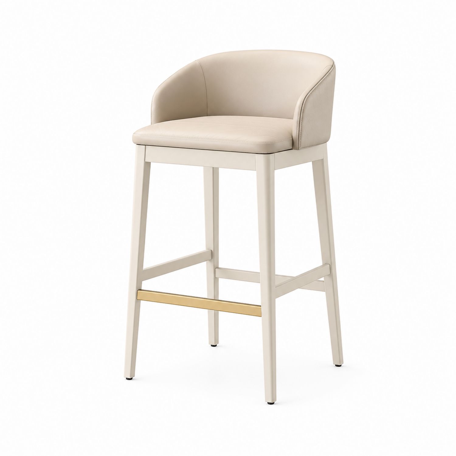 Sgabello da Bar in Legno e Pelle Beige con Dettagli in Metallo Dorato