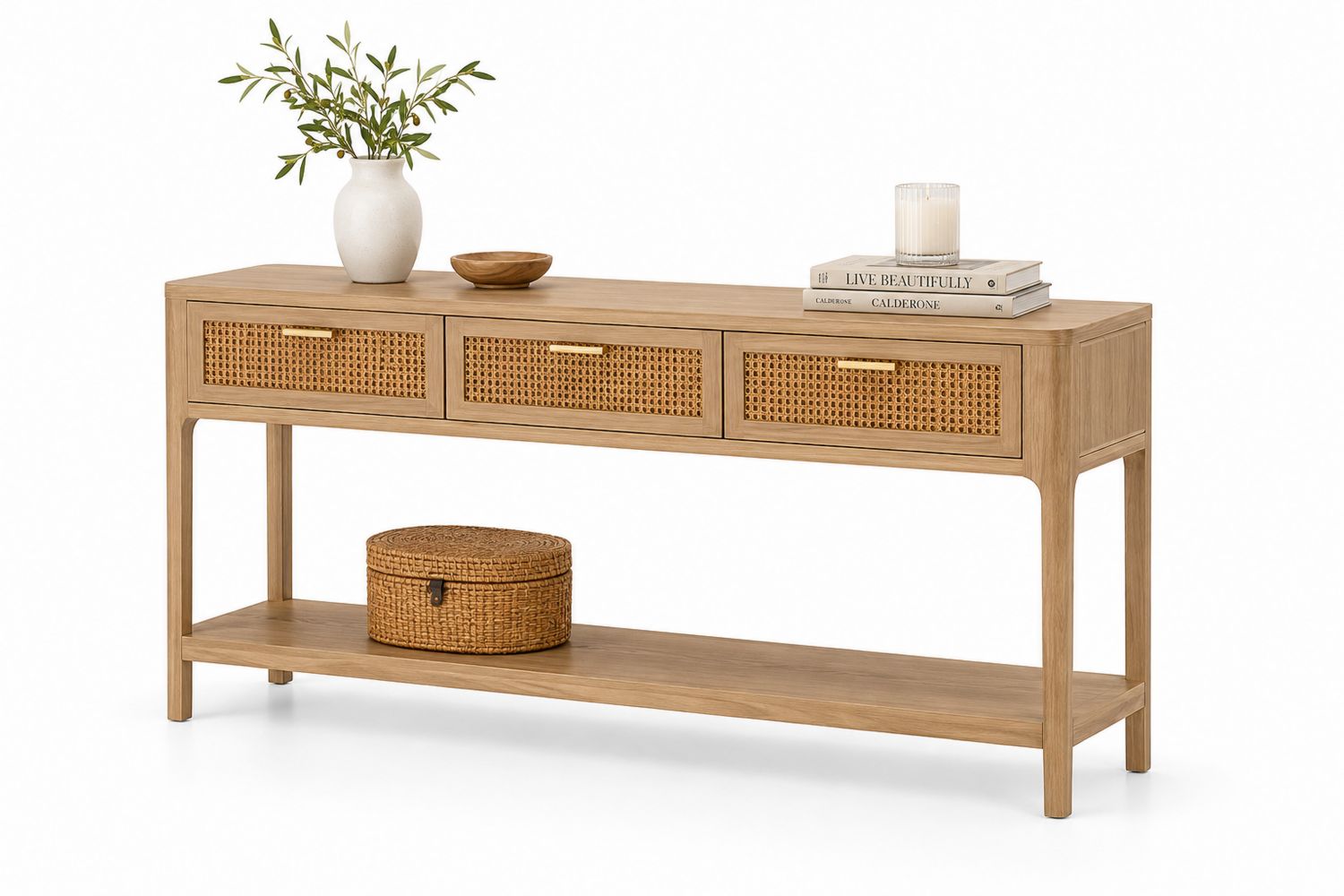 Consolle in Legno di Rovere con Cassetti in Rattan