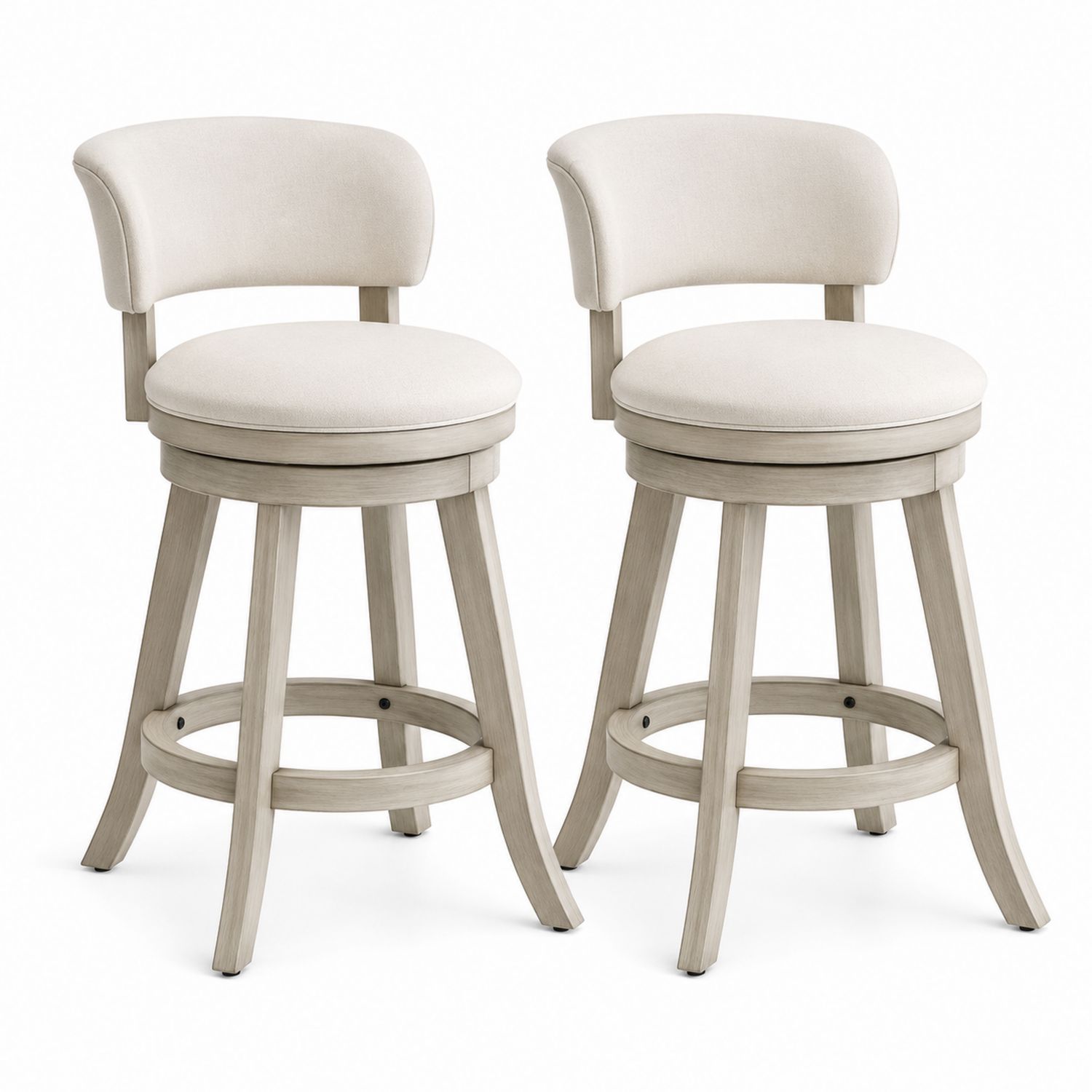 Coppia di sgabelli da bar girevoli in legno e tessuto beige