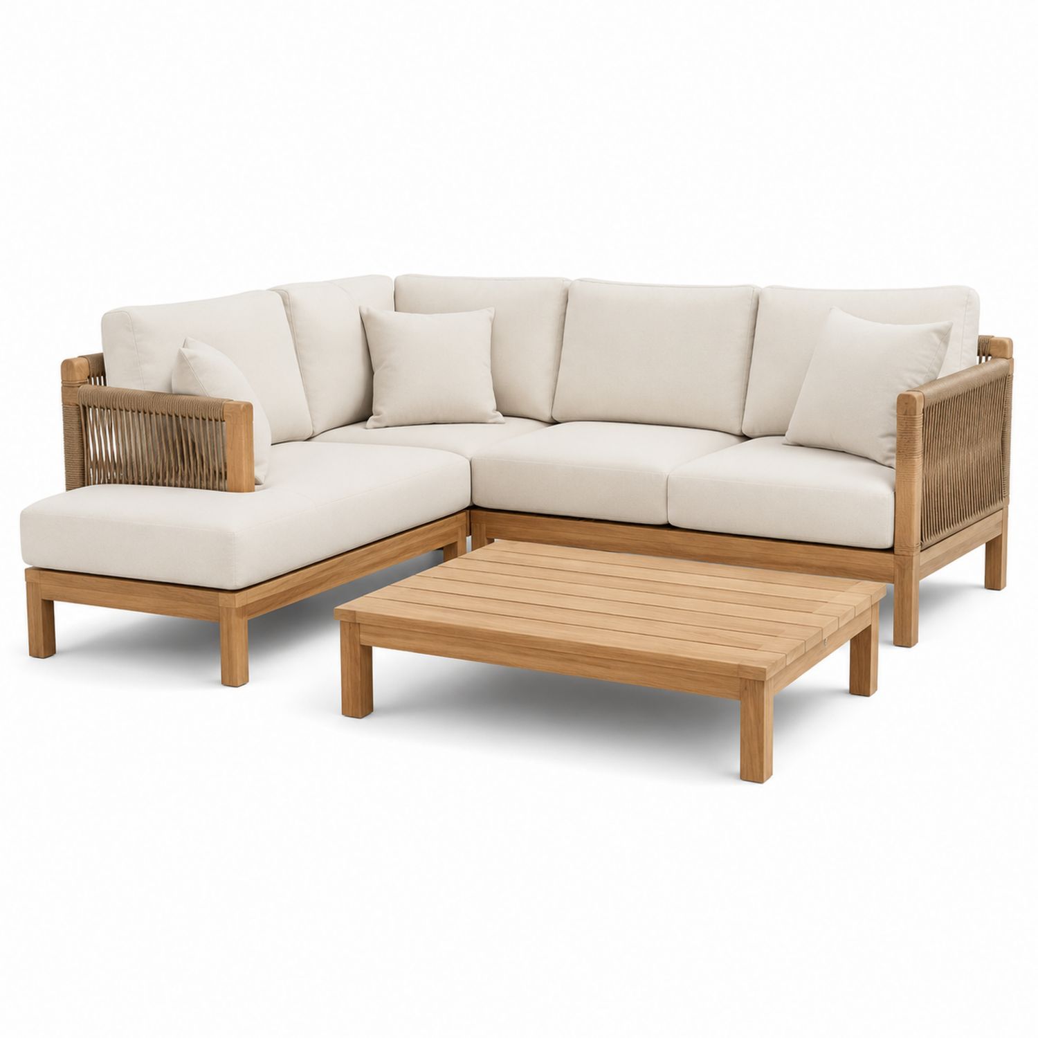 Divano angolare da esterno in legno e tessuto beige con tavolino