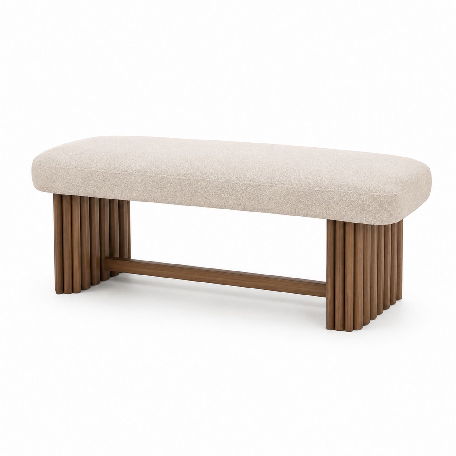 Panca rettangolare in tessuto beige con base in legno