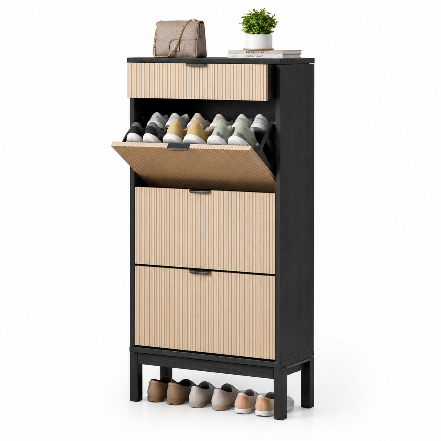 Scarpiera in Legno e MDF a Tre Scomparti Ribaltabili, Nero e Beige
