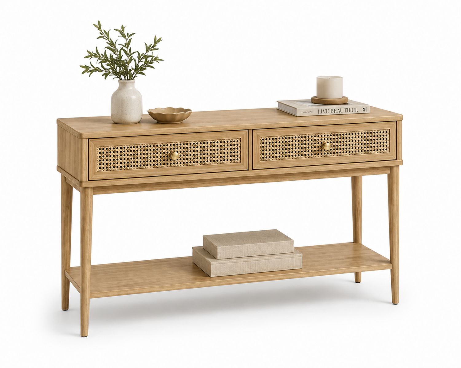 Consolle rettangolare in legno con cassetti in rattan