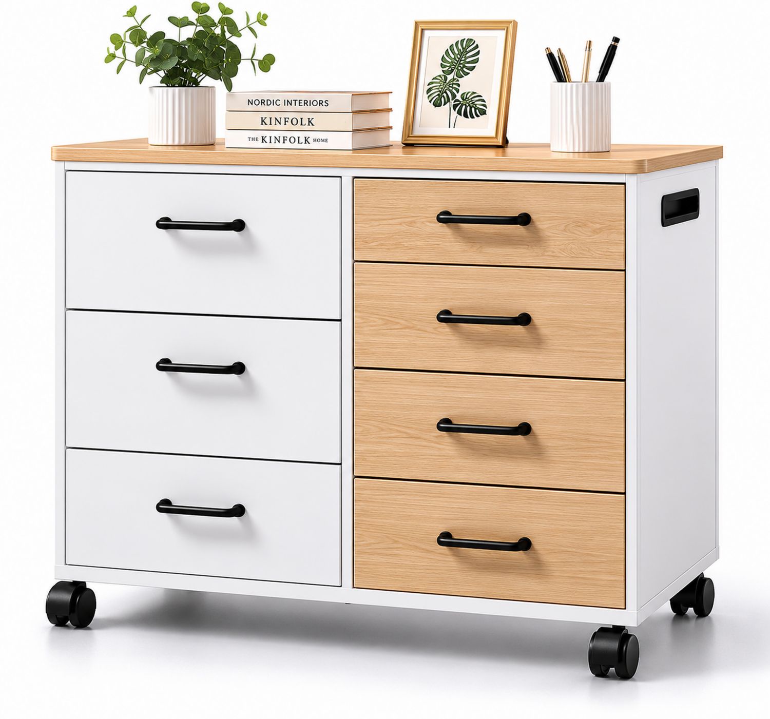Cassettiera in MDF e Metallo con Ruote, Bianco e Rovere
