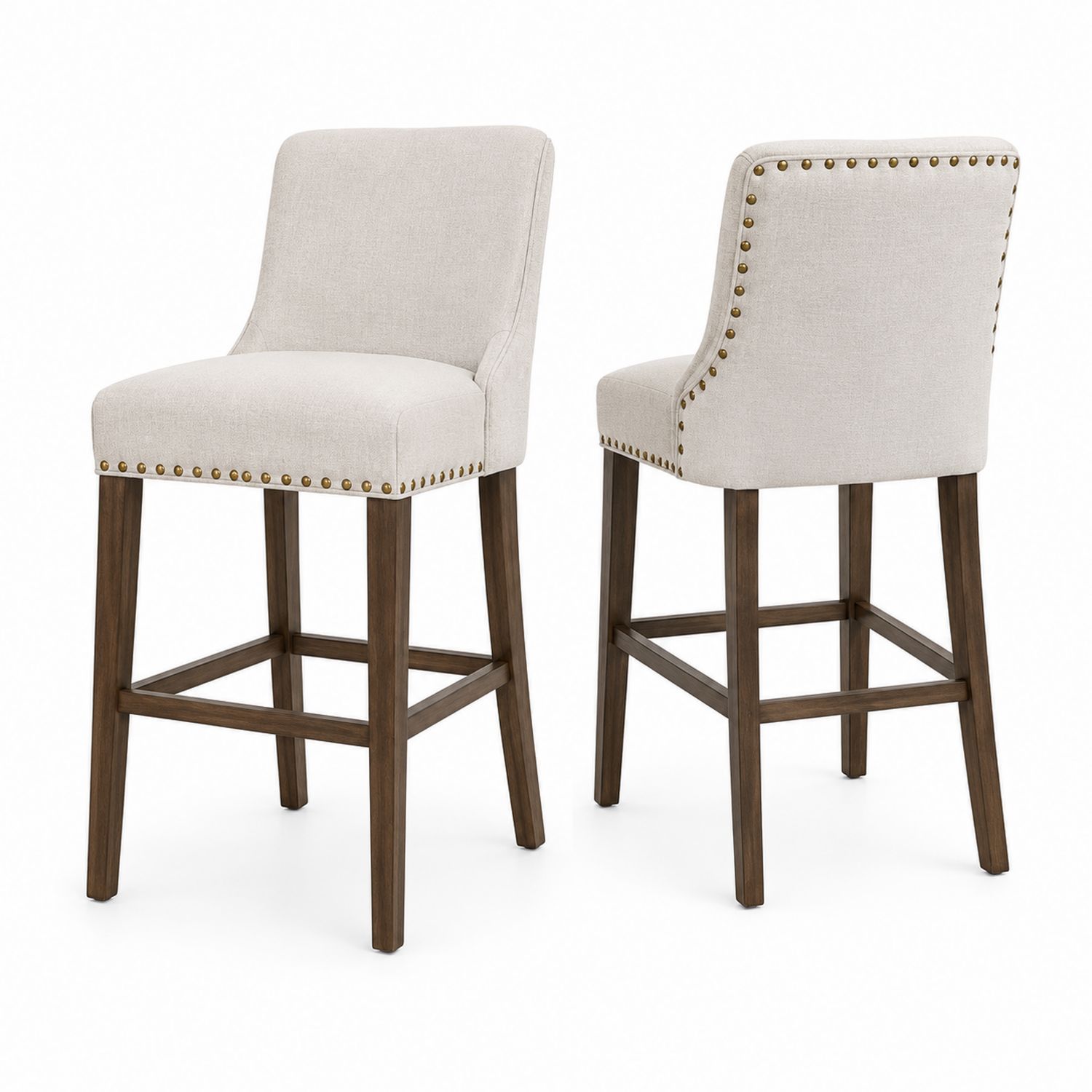 Set di 2 sgabelli imbottiti, tessuto in lino, gambe in legno, colore crema
