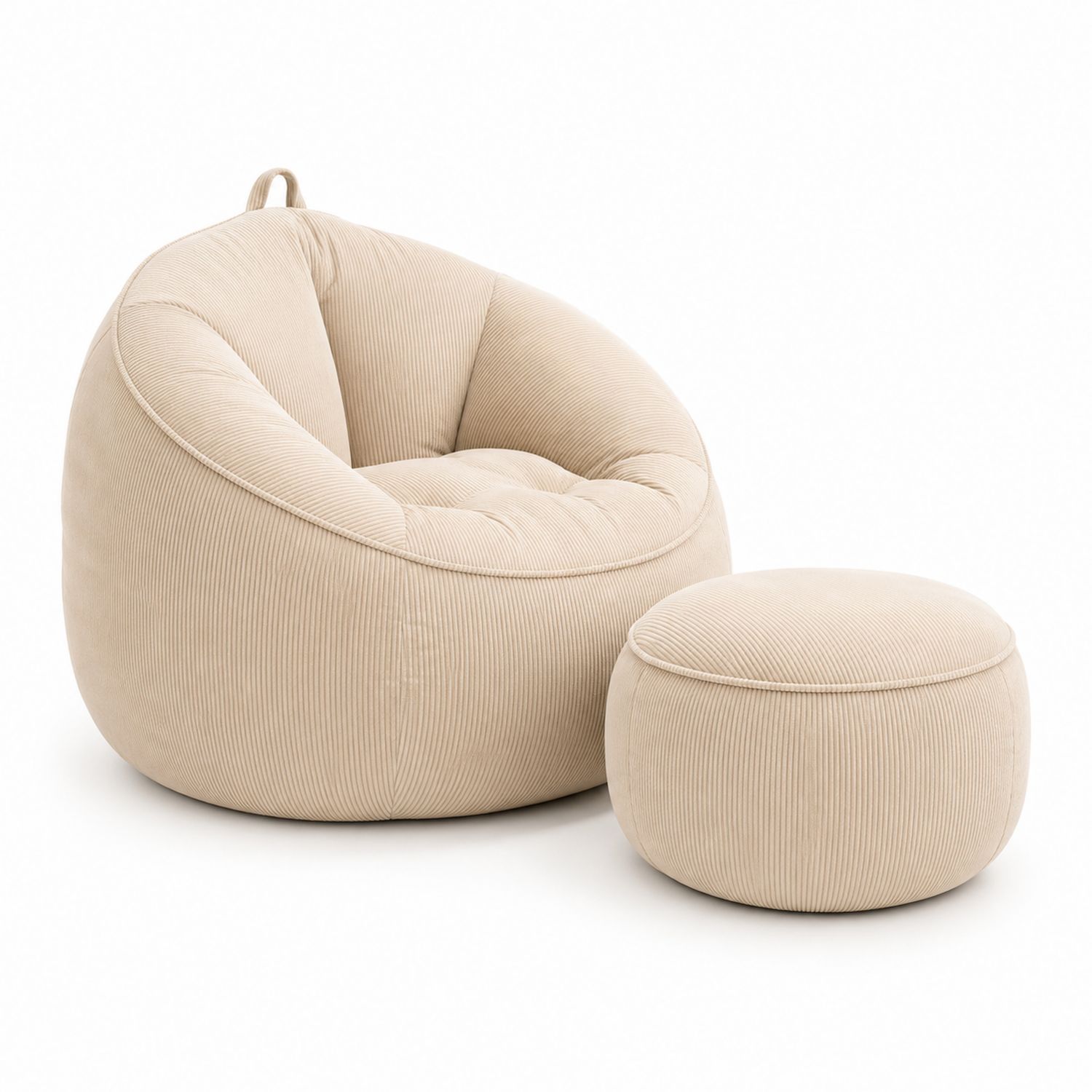 Poltrona sacco in corduroy con pouf, Beige