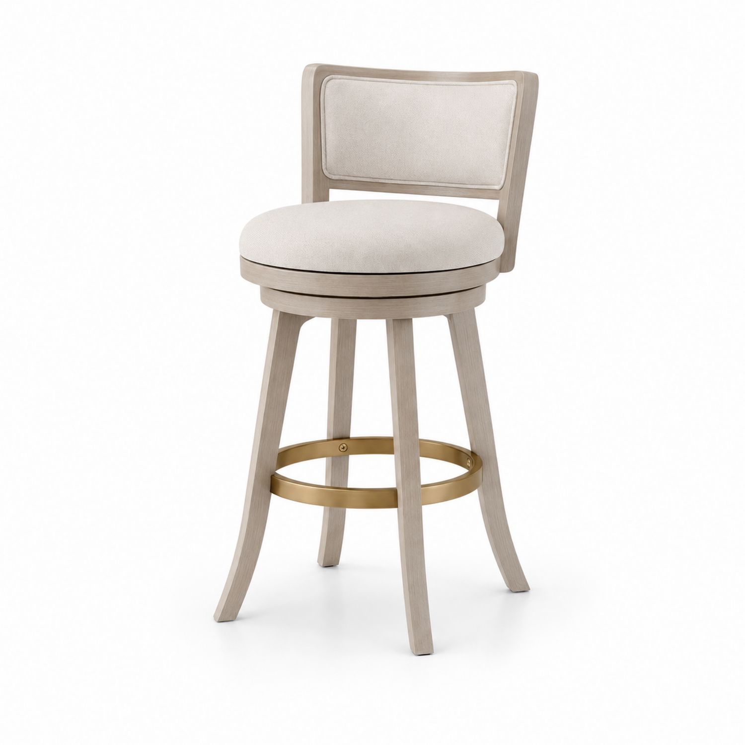 Sgabello da bar girevole in legno e tessuto beige con dettagli in metallo