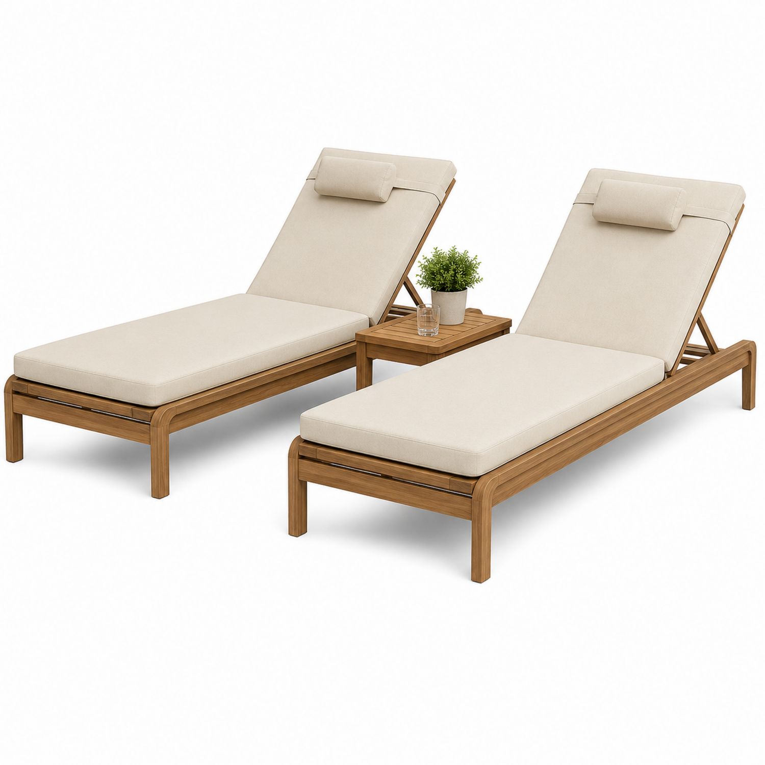 Set di Lettini Prendisole in Legno di Acacia con Cuscini Beige