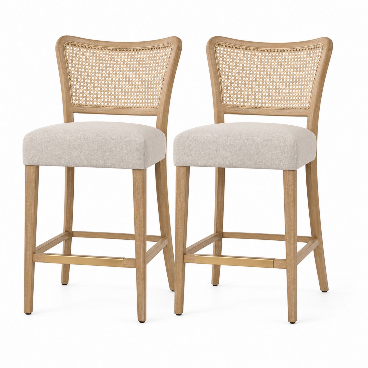 Set di 2 Sgabelli in Legno con Schienale in Rattan e Seduta in Lino Beige