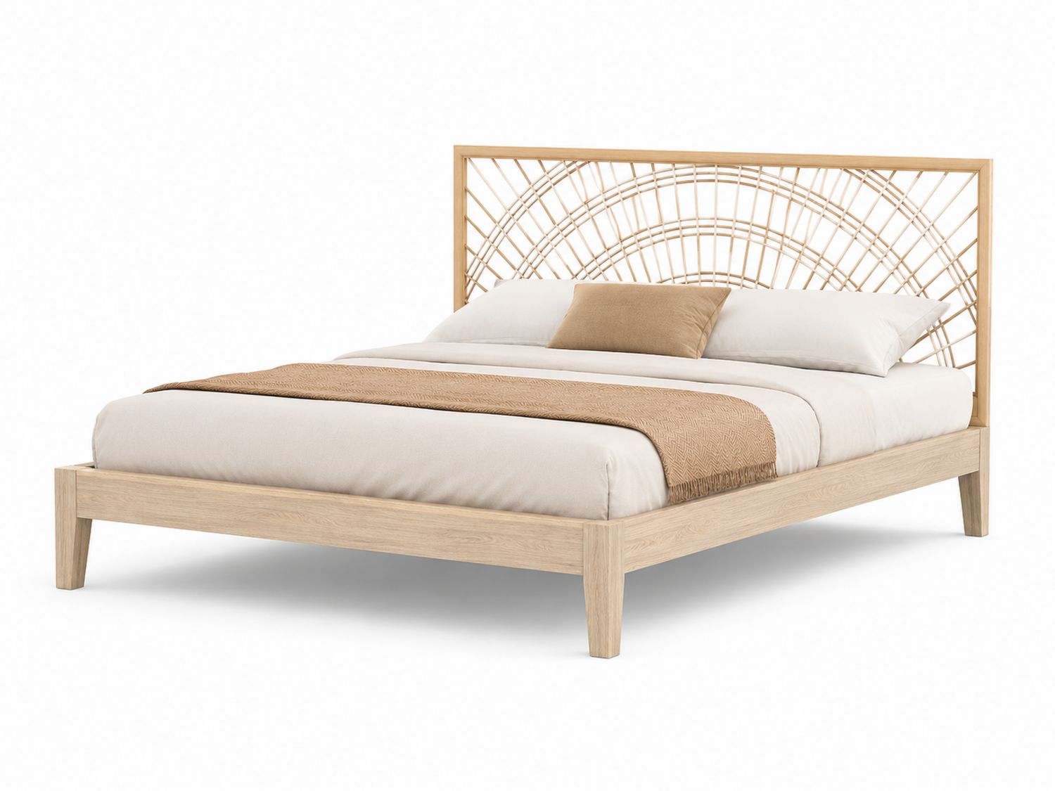 Letto matrimoniale con testiera in rattan e struttura in legno