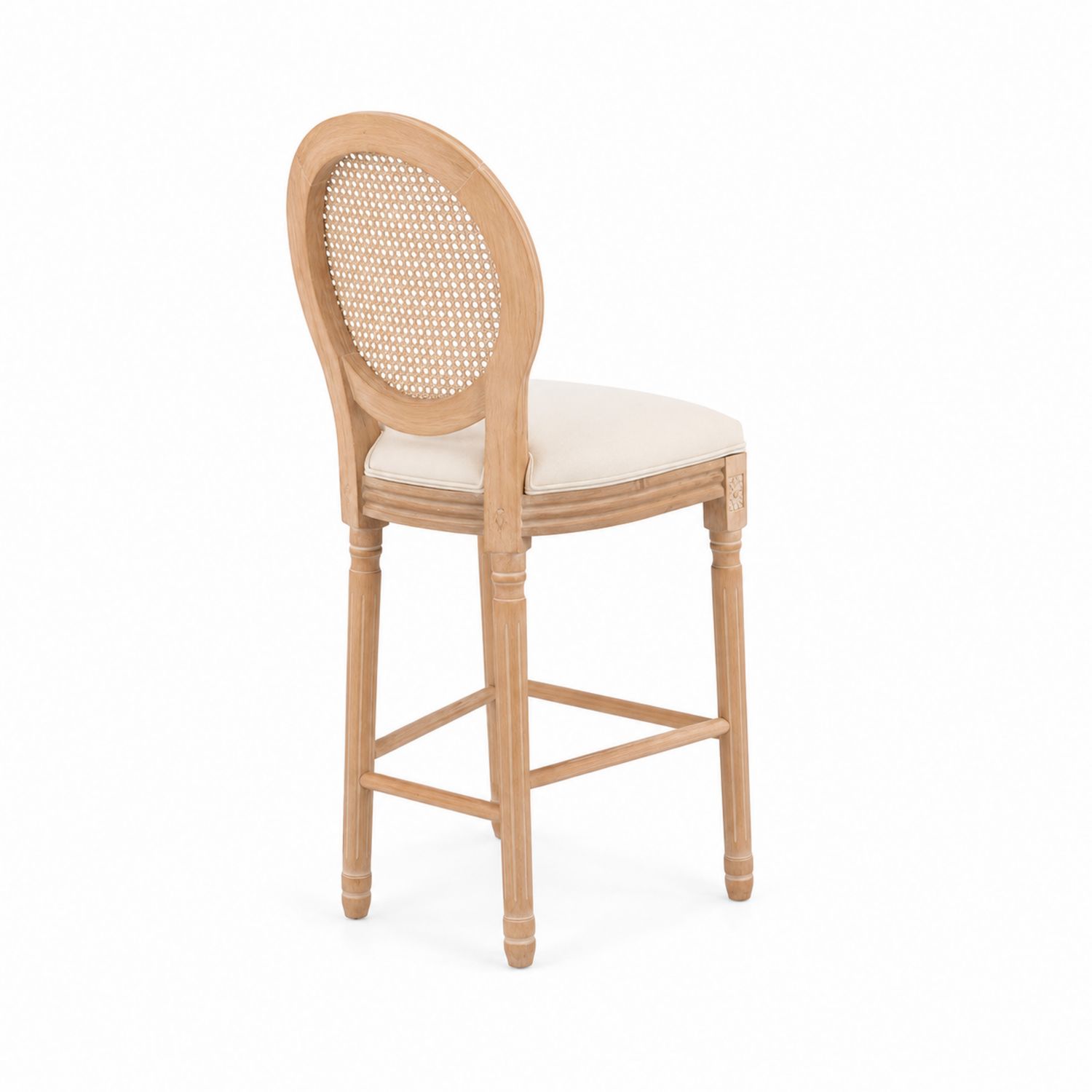 Sgabello da bar in legno di faggio con schienale in rattan e seduta beige